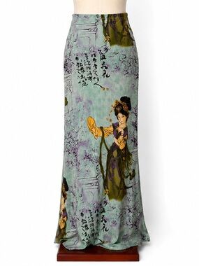 Figurative  calligraphy-print maxi skirt. Historic Asian lady of court motif- S